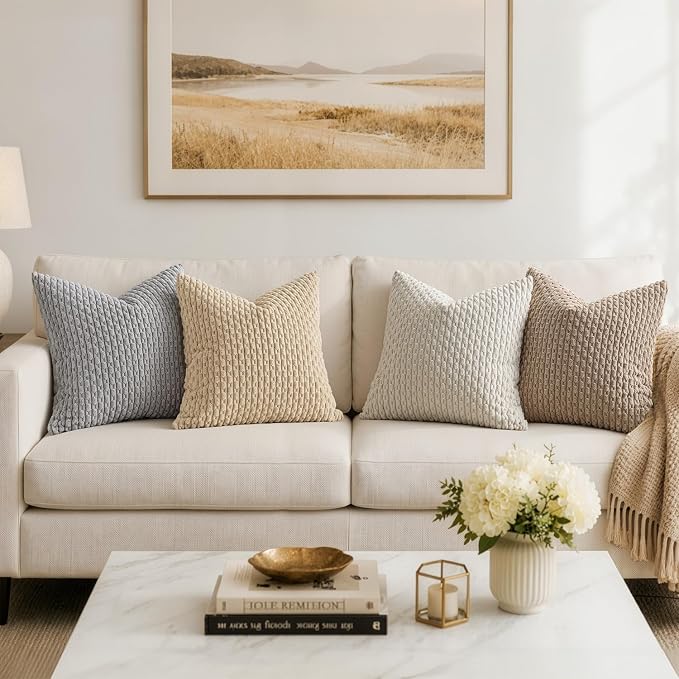 MIULEE Decorative Throw Pillow Covers 18x18 Beige Textured Corduroy | Pack of 2 Striped Pillow Covers Modern Farmhouse Home Decor for Couch Bed Sofa Living Room