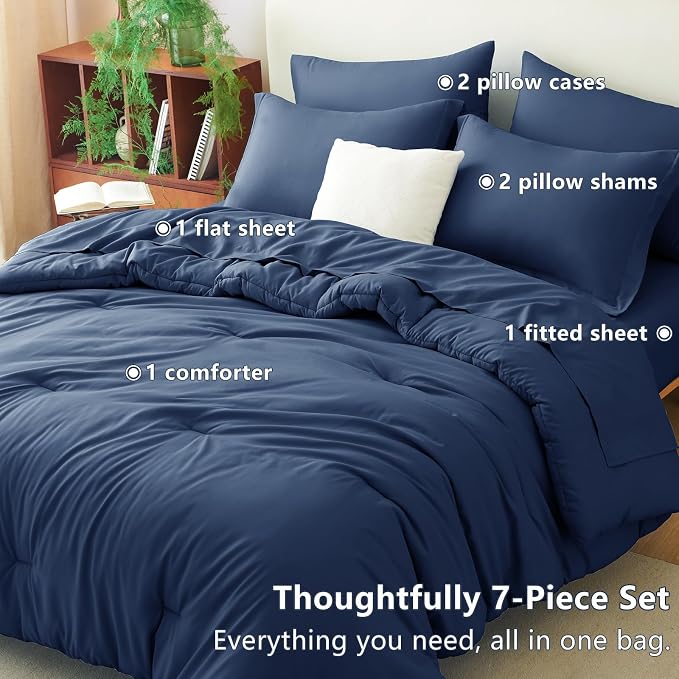 Oversized King Comforter Set Navy, 7 Pieces Bed in a Bag | OEKO-TEX Certified, All-Season, Bedroom, 240GSM Down Alternative Comforter, Flat & Fitted Sheets, 2 Pillowcases & 2 Shams