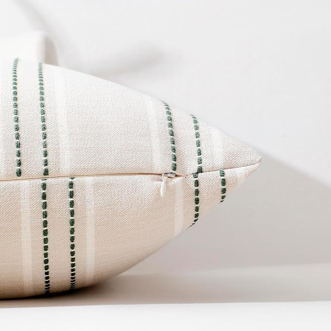 Hckot Stripe Throw Pillow Covers 12x24 Lumbar Dark Green Pillow Covers | Farmhouse Decorative Pillows Textured Cushion Covers for Sofa Couch Bed Living Room Decor