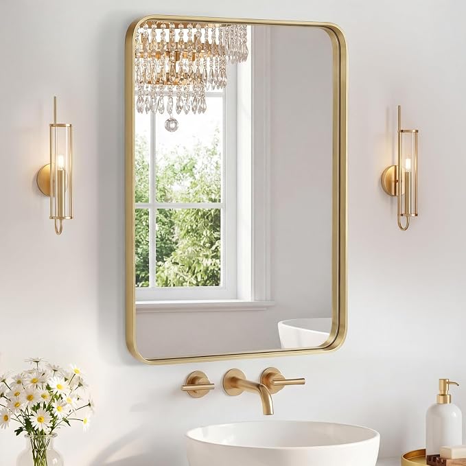 NEWBULIG Bathroom Mirror for Over Sink, 20X28 Inch Wall Vanity Mirror | Wall Mount, Tempered Glass, Anti-Rust Metal Framed, Rounded Rectangle, Farmhouse Home Decor, Gold