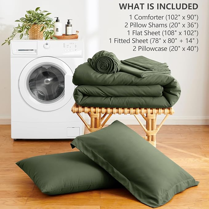 HIMEET King Comforter Set, 7-Piece Point-Quilted Bed in a Bag, Olive Green | OEKO-TEX Certified, Lightweight 240 GSM Comforter, Flat Sheet, 14-Inch Deep-Pocket Fitted Sheet, Pillowcases & Shams
