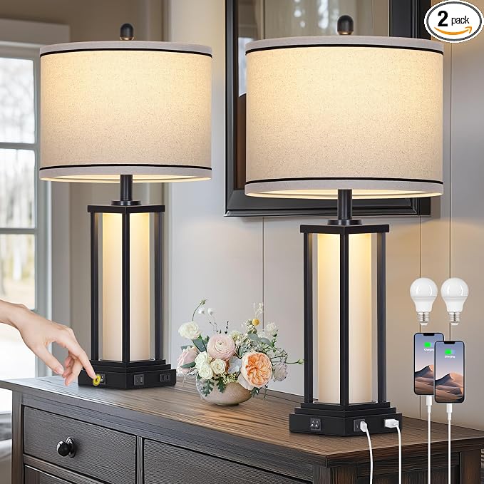 27" Tall Vintage Table Lamp Set of 2 with USB C+A & Outlet,Black Industrial End Table Lamp for Living Room,Farmhouse Rustic Bedside Lamps with Frosted Glass Night Light for Bedroom Nightstand,Black