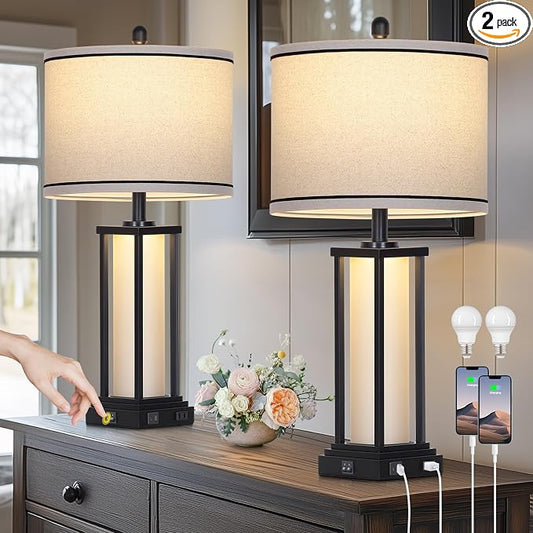 27" Tall Vintage Table Lamp Set of 2 with USB C+A & Outlet,Black Industrial End Table Lamp for Living Room,Farmhouse Rustic Bedside Lamps with Frosted Glass Night Light for Bedroom Nightstand,Black