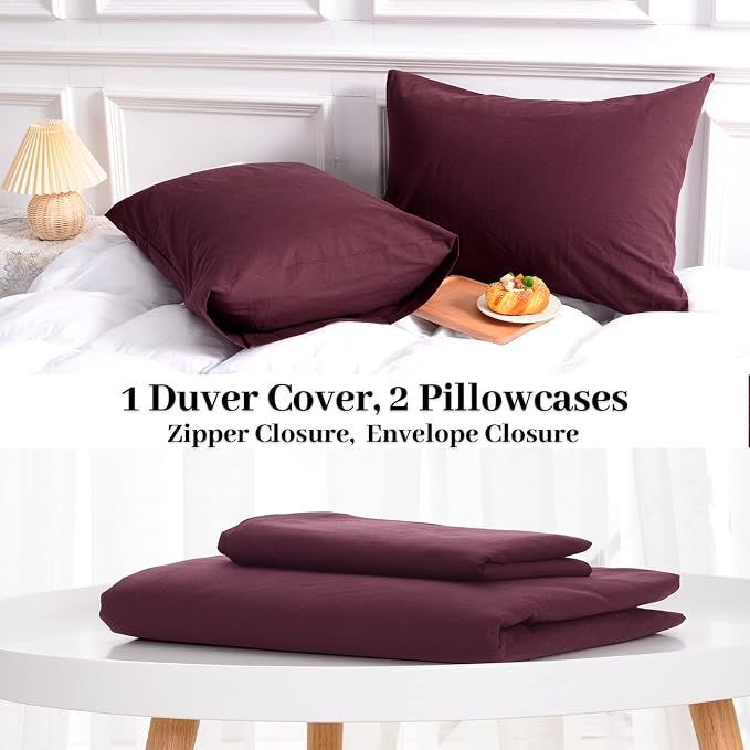 NEXHOME PRO Duvet Cover Set 100% Washed Cotton California Kingn 104"x98", Organic Natural Linen Look Textured 3 Pieces Bedding Set Burgundy Dark Red with Zipper Closure, Breathable (No Comforter)