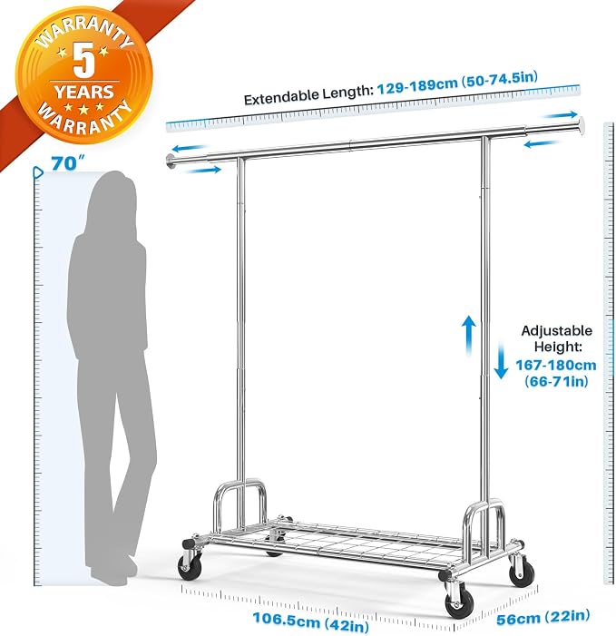 HOKEEPER Clothing Garment Rack Capacity 525LBS Collapsible Clothes Rack | Adjustable Clothing Racks on Wheels Rolling Clothes Rack for Hanging Clothes Heavy Duty Commercial Easy Assemble 75"W*71"H
