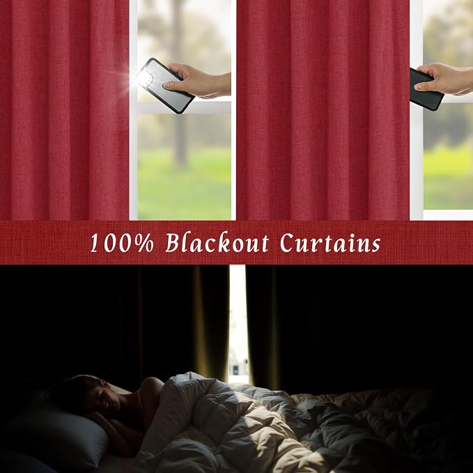 Red 100% Blackout Linen Bedroom Curtains 84 Inch with White Liner | Privacy, Christmas Decor, Living Room Curtains, Room Darkening, Rod Pocket Back Tab, Neutral Drapes, 2 Panels, 52 x 84 Inch