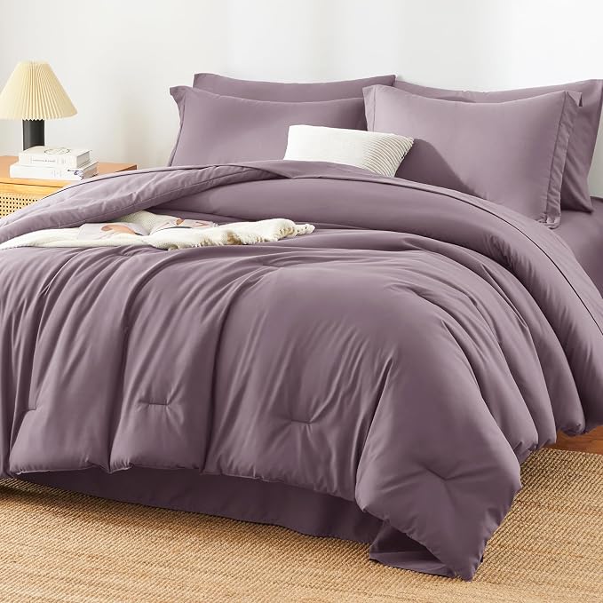 HIMEET Queen Comforter Set, 7-Piece Point-Quilted Bed in a Bag Dusty Purple | OEKO-TEX Certified, Lightweight 240 GSM Comforter, Flat Sheet, 14-Inch Deep-Pocket Fitted Sheet, Pillowcases & Shams