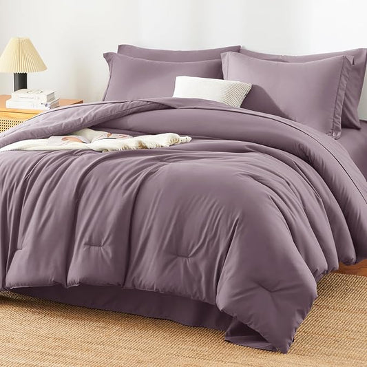 HIMEET King Comforter Set, 7-Piece Point-Quilted Bed in a Bag, Dusty Purple | OEKO-TEX Certified, Lightweight 240 GSM Comforter, Flat Sheet, 14-Inch Deep-Pocket Fitted Sheet, Pillowcases & Shams