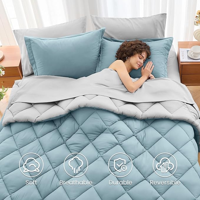 7 Pieces King Comforter Set, Reversible Bed in a Bag King Size, All Season Bedding Set with Comforter, Flat Sheet, Fitted Sheet, Pillowcases & Shams, Greyish Blue & Light Grey