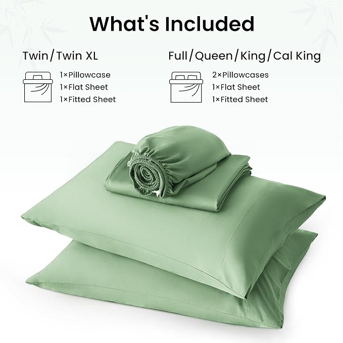 Love's cabin 3 Piece Twin XL Sheet Set, 100% Rayon Derived from Bamboo, Cooling & Breathable, Soft Silky Deep Pocket up to 16", Hotel Luxury Bedding for Hot Sleepers, Sage Green