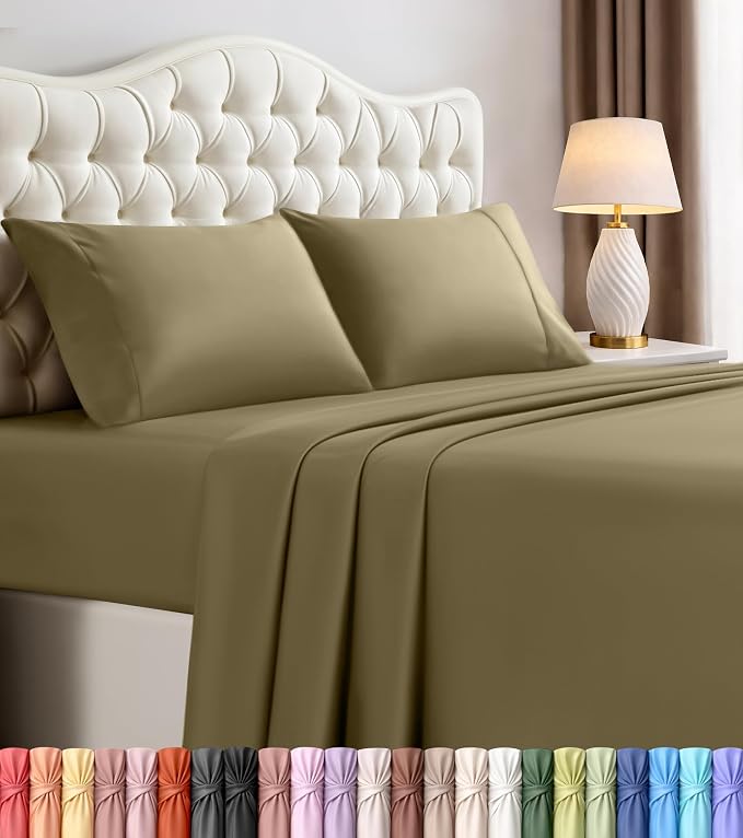Queen Sheets Set, 4 Pieces 16" Deep Pocket Hotel Luxury Bed Sheets, Olive | Extra Soft Bedsheet Set, Comfy & Breathable Cooling Sheets, Wrinkle & Fade Resistant, Fitted Sheet, Flat Sheet, 2 Pillowcases