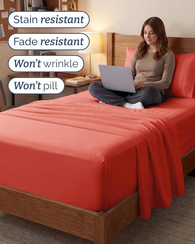 Extra Deep Twin XL Sheet Set - 3 Piece College Dorm Room - Coral | Soft, Breathable & Cooling, Easily Fits 18 to 24 inch Mattress, Wrinkle Free & Fade Resistant with Extra Deep Pockets