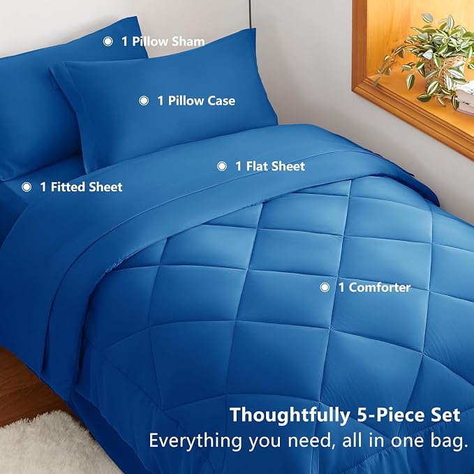 Twin XL Comforter Set Classic Blue - 5 Pieces Complete Bedding Set | College Dorm Essentials, OEKO-TEX Certified, All Season, 240GSM Down-Alternative Comforter, Sheets, Pillowcase & Sham