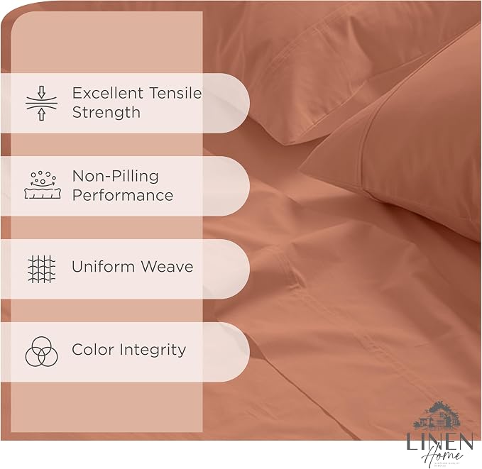 Linen Home 100% Cotton Percale Sheets Queen Size, Tera Clay, Deep Pocket, 6 Pieces Set- 1 Flat, 1 Fitted and 4 Pillowcases, Crisp Cool and Long Staple Strong Bed Linen