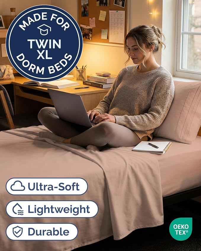 Twin XL 3 Piece Sheet Set - College Dorm Room Essentials - Mauve | Deep Pocket Bed Sheets for Women, Men, Teens & Students, Soft, Cooling, Breathable & Wrinkle Free, Oeko-Tex Bed Sheet Set
