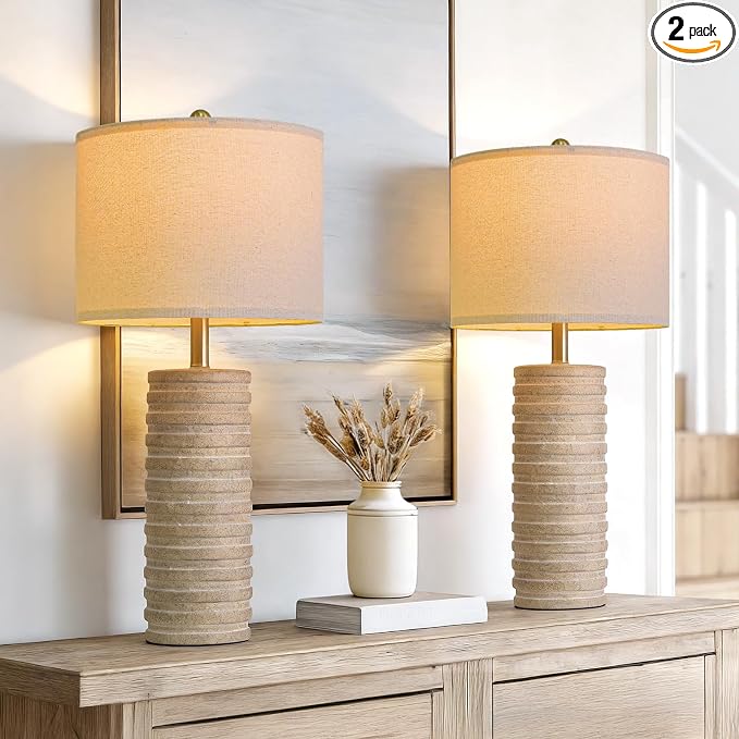 PoKat 27'' Farmhouse Table Lamps Set of 2 for Living Room, Stone Like | Bedside lamp for bedroom, boho and distressed style, hand-textured ceramic design, tall lamp decor for sideboard & entryway