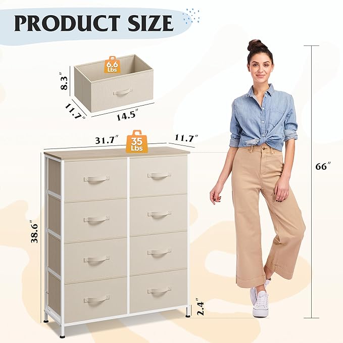WLIVE Fabric Dresser for Bedroom, Tall Dresser with 8 Drawers, Storage Tower with Fabric Bins, Double Dresser, Chest of Drawers for Closet, Playroom, Dormitory, Cream White