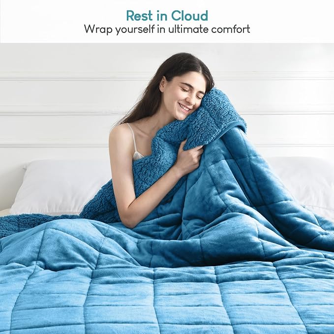 Cottonblue Weighted Blanket 15lbs for Adults Queen Size 60x80in Soft Fleece | Cozy Sherpa Flannel Weighted Blankets Throw for Sleep Calm Relax, Warm Fuzzy Bed Sofa Heavy Blanket, Washable, Slate Blue