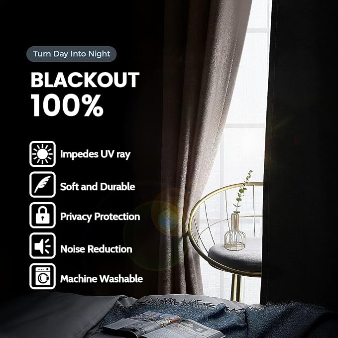 SimpleHome Cream 100% Blackout Curtains Room Darkening Living Room 54 Inch | Curtains for Bedroom,Thermal Insulated Grommet Window Drapes,Curtains for Living Room with Black Back,52 x 54 Inch,2 Panels