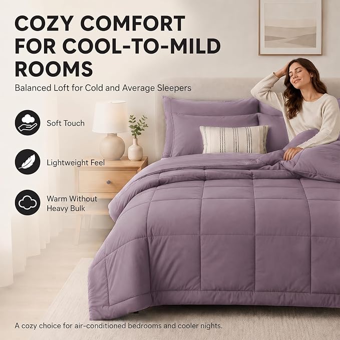 Full Size Comforter Sets Dusty Purple - 7 Pieces Bed in a Bag | OEKO-TEX Certified, All-Season, Bedroom, Guest Room, Down-Alternative Comforter + Flat & Fitted Sheets + 4 Pillowcases