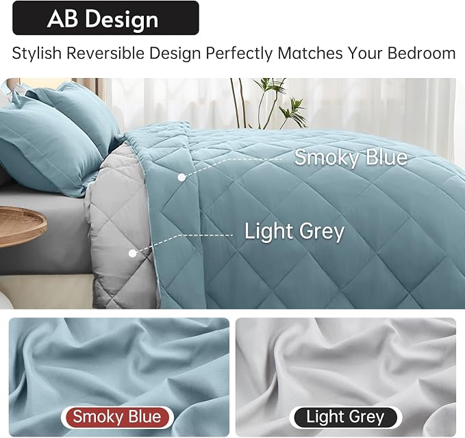 5 Pieces Twin Comforter Set, Reversible Bed in a Bag Twin Size, All Season Bedding Set with Comforter, Flat Sheet, Fitted Sheet, Pillowcases & Shams, Greyish Blue & Light Grey