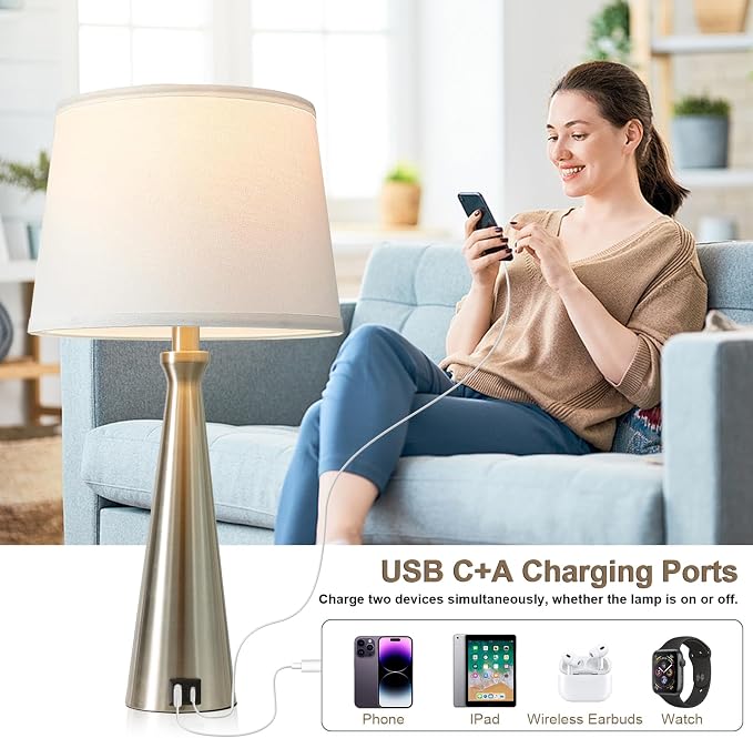 Modern Touch Lamps for Nightstand, 3 Way Dimmable Bedroom Lamp Set of 2 | USB C+A Charging Ports, Silver Bedside Lamps for Bedroom, Living Room, End Table, Bed Side, LED Bulb Included