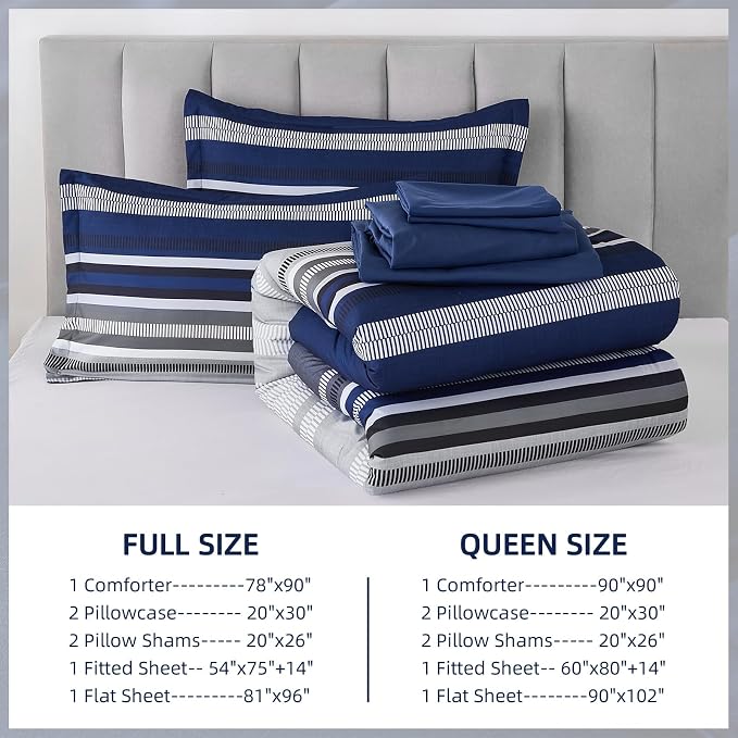 Dobuyly Navy Blue Comforter Full Size Set 7 Pieces, Boho Striped Bed in a Bag Full Soft Microfiber All Season Bedding Set with Comforter, Sheets, Pillowcases & Shams