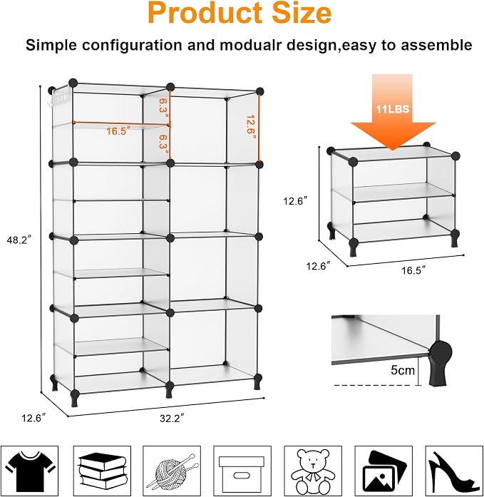 AWTATOS Closet Organizer 8 Cube Storage Shelves, Translucent | Closet Storage, Clothes Organizers, Stackable Cubby Shelving for Closet Bedroom Living Room