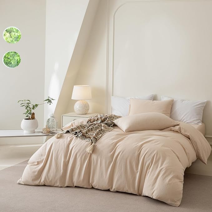 BDEAR 3Pcs Beige Duvet Cover Set King Size 104" W x 90" L, Skin Friendly | 100% Washed Cotton, 1 Duvet Cover with 2 Pillowcases, Zipper Closure, OEKO TEX Standard,8 Corner Ties,Linen-Liked Texture