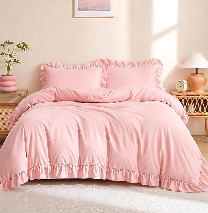 FUANNA Pink Duvet Cover Queen Size 3 Pieces, Washed Microfiber | Ultra Soft 4-Inch Ruffle Duvet Cover Set with Corner Ties & 2 Pillow Shams, Vintage Bed Set for Women & Girls, No Comforter