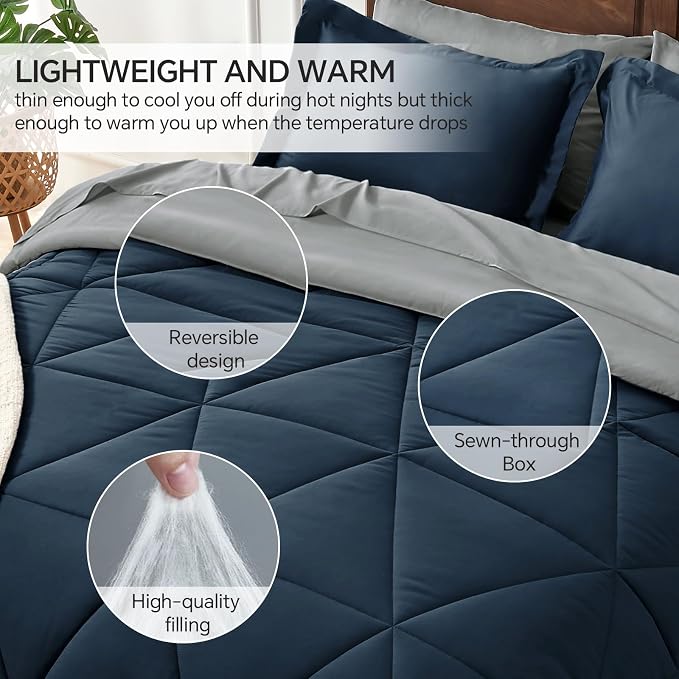 BEDELITE Queen Comforter Set 7 Pieces, Reversible Calm Blue Bed in A Bag | Soft All Season Down-Alternative Comforter, Sheets, Pillowcases & Shams, OEKO-TEX Certified Bedding for Bedrrom, Guest Room