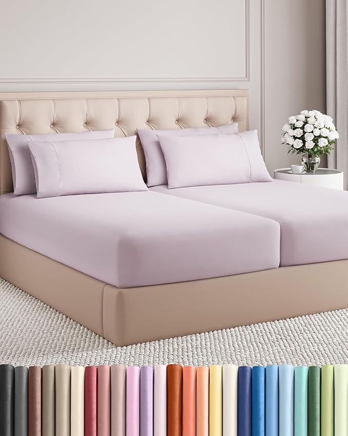 Split King 7 Piece Bed Sheet Set - Breathable & Cooling - Light Lavender | Ultra-Soft Hotel Luxury Bedding Set w/ 8-16 Inch Deep Pockets, 1 Flat & 2 Fitted Sheet & 4 Pillowcases, Wrinkle & Fade Free