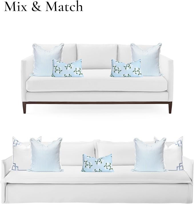 Hofdeco Premium Coastal Patio Indoor Outdoor Scalloped Throw Pillow Cover Only, 20"x20" Water Repellent for Backyard, Couch, Baby Blue Print Stripes