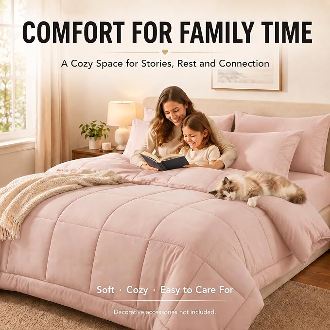 Oversized King Comforter Set Blush Pink - 7 Pieces Bed in a Bag | OEKO-TEX Certified, All-Season, Bedroom, Guest Room, Down-Alternative Comforter + Flat & Fitted Sheets + 4 Pillowcases