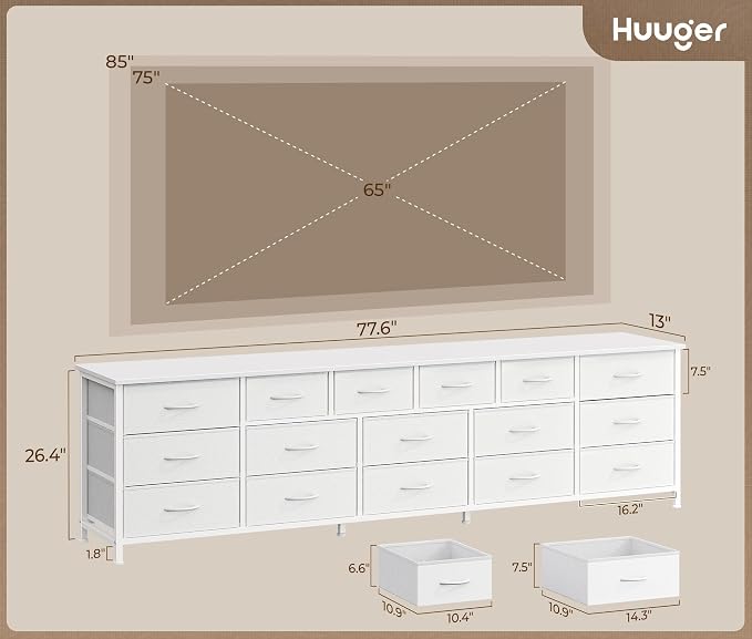 Huuger 77.6" Long Dresser for Bedroom, 16 Drawer Fabric Dresser for Closet, Wide Chest of Drawers with Storage, TV Stand for 65, 75, 85 Inch TV, 77.6" W x 13" D x 26.4" H, White