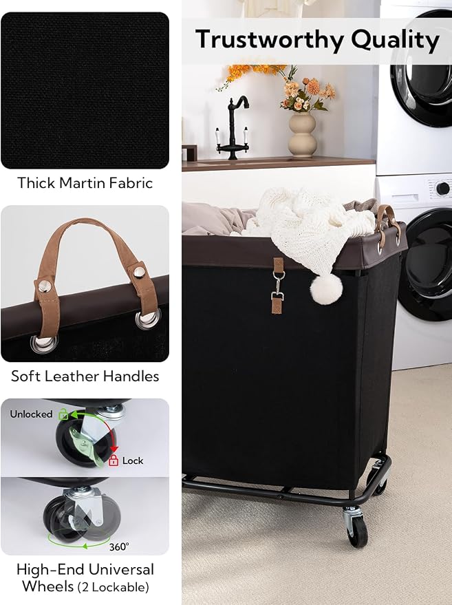 StorageWorks 320L Laundry Basket with Wheels, Rolling Hampers for Clothing | Extra Large Black Laundry Basket with Wheels, Metal Frame & Handles, Hamper for Bedroom, Bathroom, Hotel