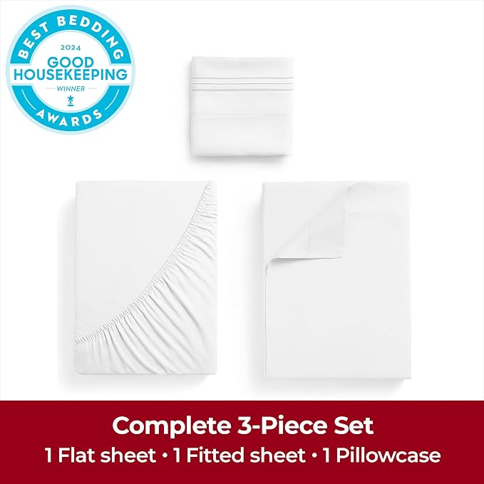 Mellanni Iconic 3-Piece, Ultra Soft Sheet Set (Twin, White) | 10M+ Sleepers. Lab-tested: Sleeps Cool, Stays Bright, Strong, Smooth. Good Housekeeping Best Bedding, 7 yrs running.