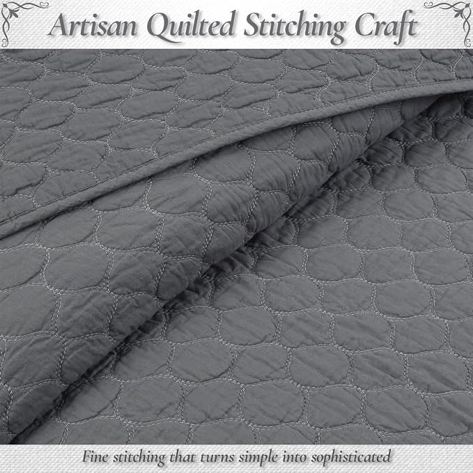 Cozy Line Home Fashions 100% Cotton Quilt Set – 3-Piece Charcoal Gray Solid Classic Modern Quilted Bedspread with Shams, Lightweight All Season Modern Bedding (Honeycomb Gray, Queen)