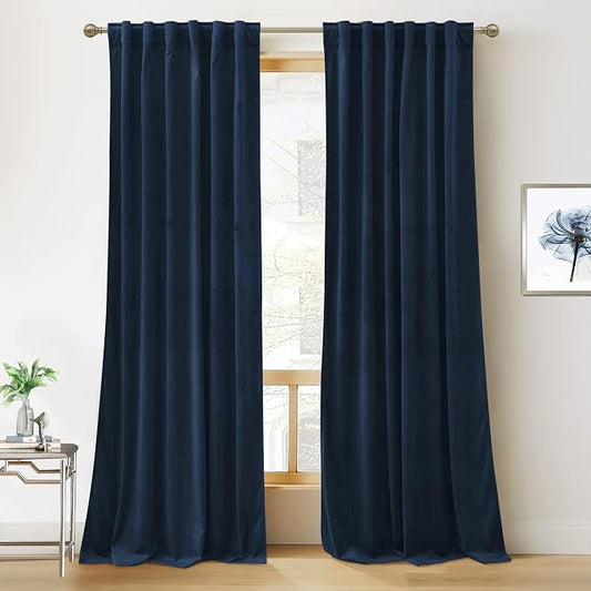 RYB HOME Navy Blue Velvet Blackout Curtains 92 inches Bedroom Living Room | Thermal Insulated, Privacy UV Block, Noise Reducing, Energy Saving, Luxury Window Decor for Dining Room, W52 x L92, 2 Panels