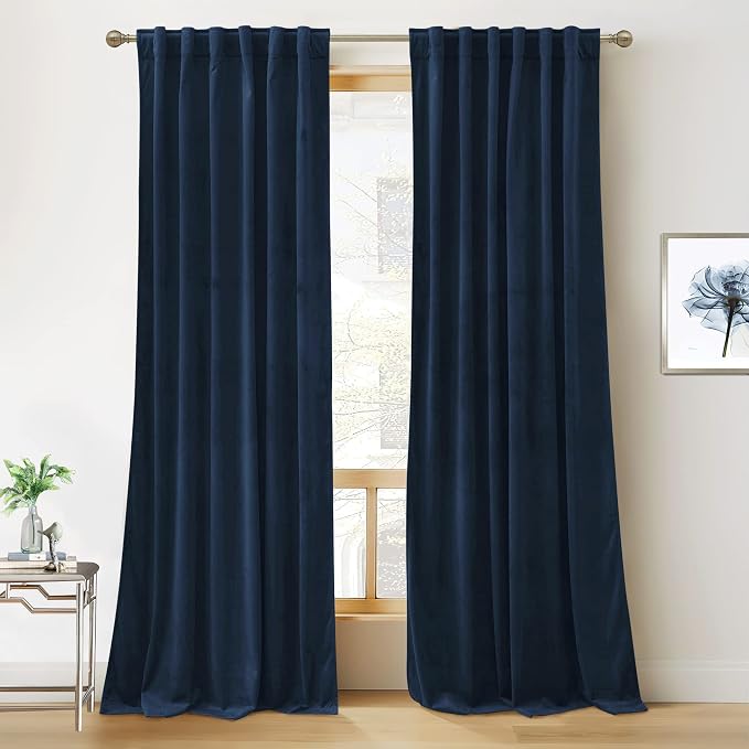 RYB HOME Navy Blue Curtains 100 inches Long, Long Floor Length Drapes | Room Darkening, Thermal Insulated, Luxurious Home Decor, Curtains for Living Room Bedroom Patio, W52 x L100, 2 Panels Set