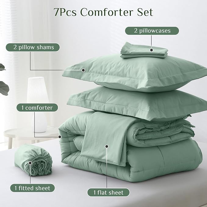 JOLLYVOGUE Full Comforter Set, Ultra-Soft Bed in a Bag Full Size 7 Pieces, Oeko-TEX Certified Bedding Set with Down Alternative Comforter, Sheets, Pillowcases & Shams, Sage Green