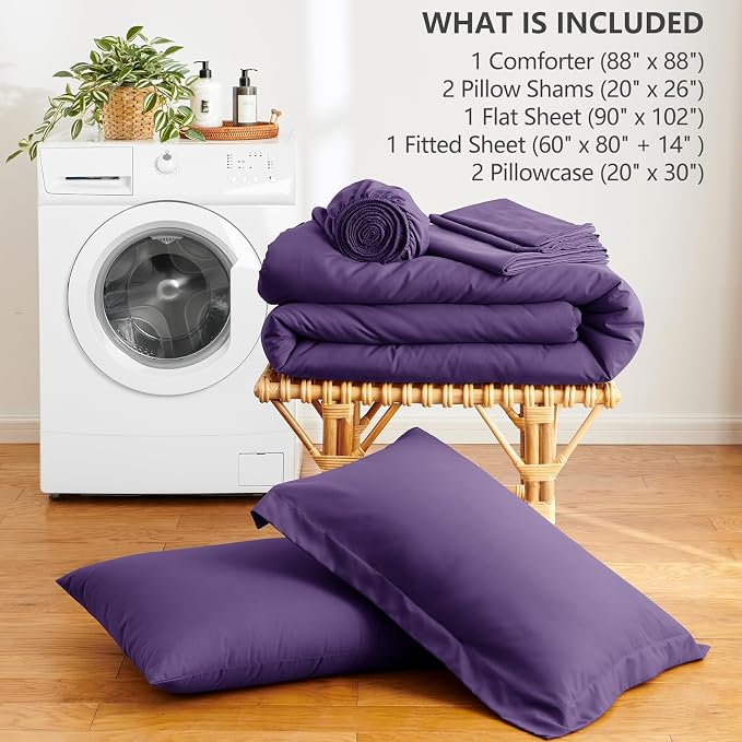 HIMEET Queen Comforter Set, 7-Piece Point-Quilted Bed in a Bag Purple | OEKO-TEX Certified, Lightweight 240 GSM Comforter, Flat Sheet, 14-Inch Deep-Pocket Fitted Sheet, Pillowcases & Shams