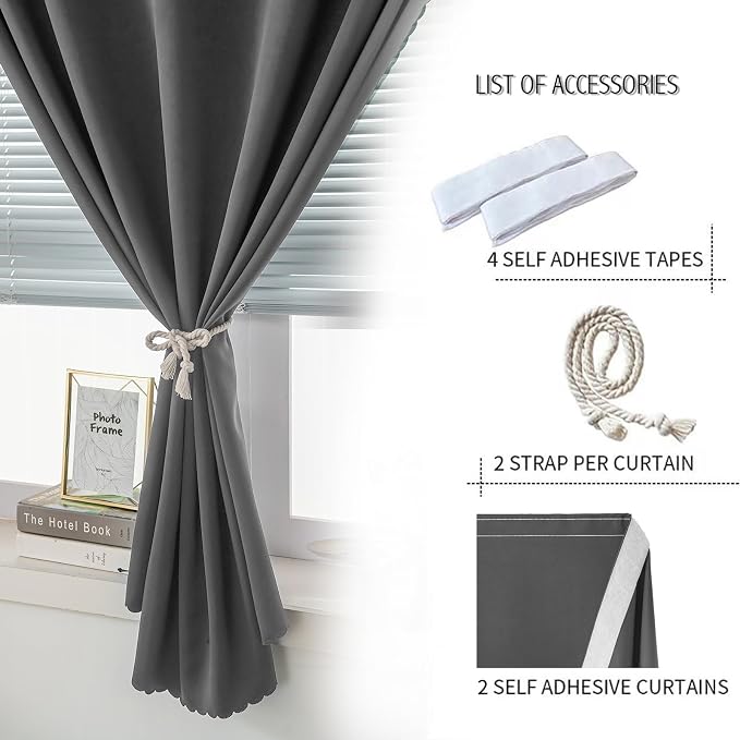 Magic Tape Blackout Curtains for Bedroom No Drillng Self Adhesive Curtains No Rod Small Window, 59" W X 96" L, Grey, 2 Panels