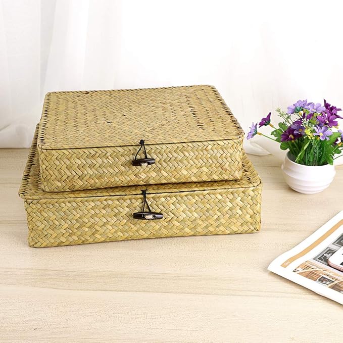 Hipiwe 2 Packs Flat Wicker Basket Box with Lid Woven Seagrass Storage Bins | Handwoven Basket Boxes for Shelf Organizing, Home Decorative Bins Box for Home Decor, Natural Color