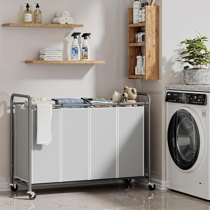 ROMOON Laundry Hamper Sorter Cart, 4-Section Organizer with Lockable Wheels | Heavy-Duty 180L Rolling Laundry Basket with Removable Bags for Dirty Clothes in Laundry Room or Small Spaces, Gray