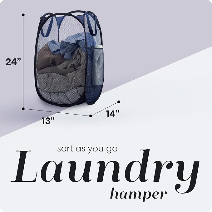 Handy Laundry Collapsible Mesh Foldable Hamper 14" x 14' x 24" Navy Blue | Collapsible Mesh Pop Up Hamper, Wide Opening, Side Pocket, Breathable, Sturdy, Foldable, Space-Saving for Clothes Storage