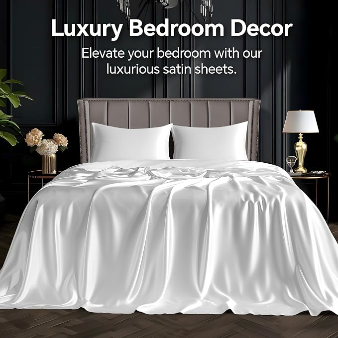 BEDELITE Satin Sheets Twin Size Bed Set, White, 3 Pieces | Luxury Silky Bed Sheets, 15 Inch Deep Pocket, Similar to Silk, Soft and Cooling, Reduces Friction, Gentle on Hair and Skin