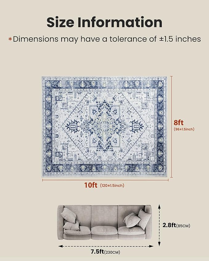 AMADA HOMEFURNISHING Washable Area Rug, Low-Profile Large Area Rug with Non-Slip Backing & Durable Edge Binding, Vintage Large Rugs for Living Room, Bedroom, Dinning Room, 8x10, Navy Blue/White