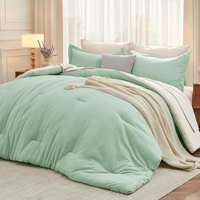 7 Pieces Queen Comforter Set, Soft Bed in a Bag Queen Size, All Season Bedding Set with Comforter, Flat Sheet, Fitted Sheet, Pillowcases & Shams, Sage Green & Beige