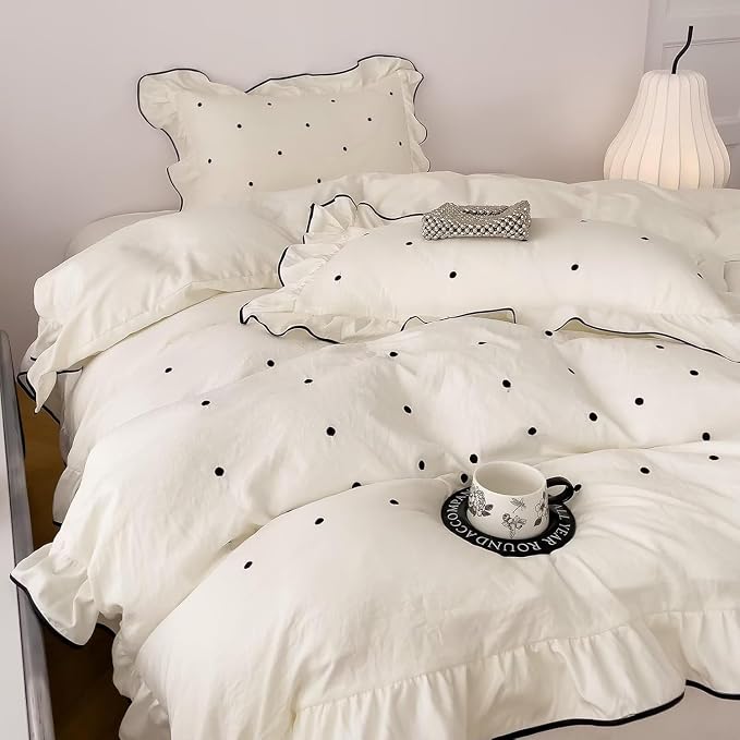 Nayoroom Polka Dot Duvet Cover Queen Size Elegant White Ruffle Duvet Cover 3 Pieces Soft Breathable Microfiber Cute Princess Black Dot Bedding Set